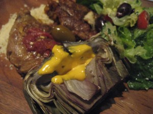 Grilled Artichoke with Saffon Aioli, Chicken Tagine with Green Olives, Tanzanian Spiced Duck Legs, Fattoush Salad