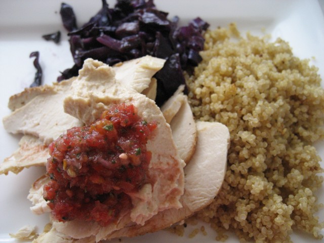 Quinoa, lemon-thyme chicken, hummus, tomato salsa and red cabbage