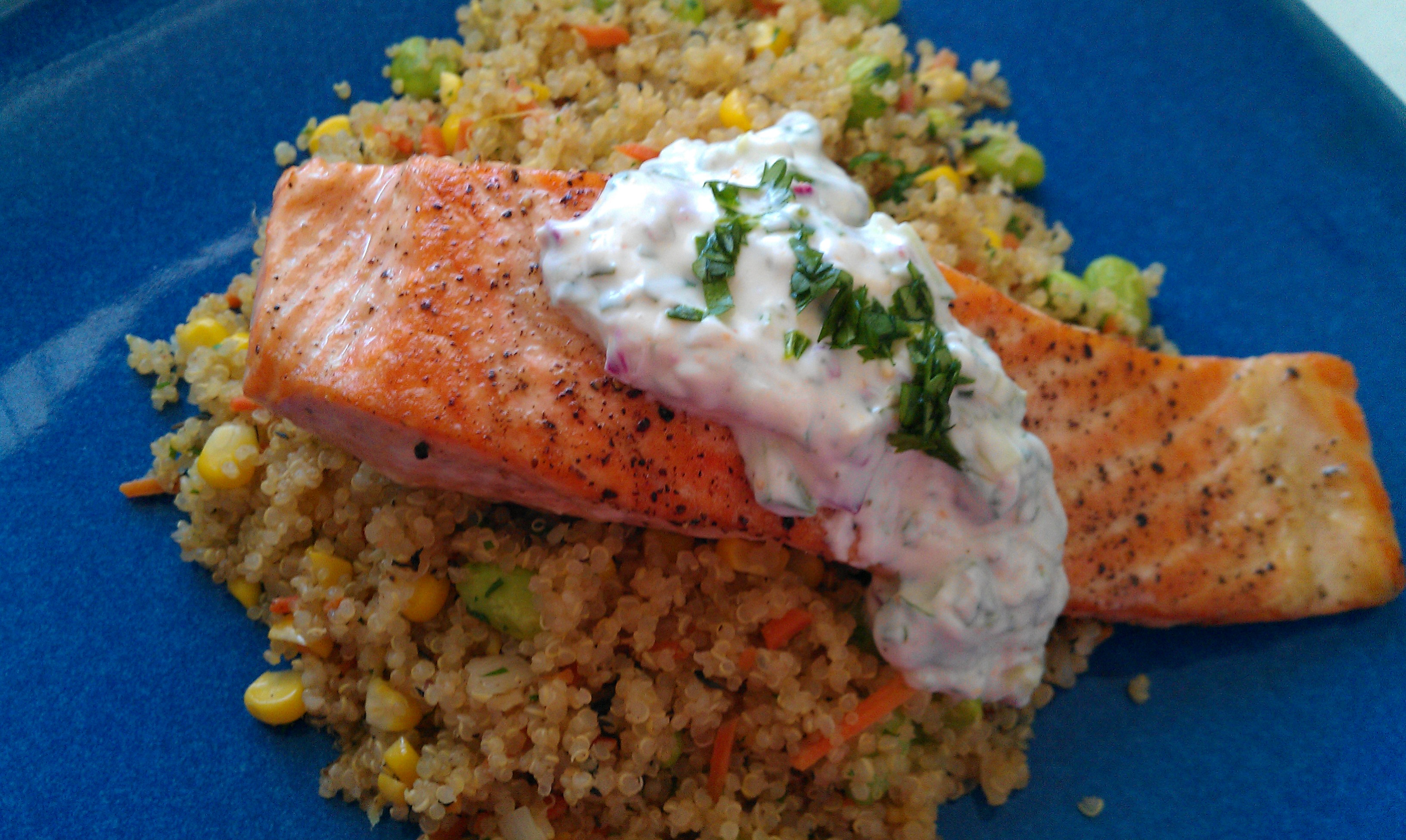 Salmon with quinoa, corn, edamame, and cucumberlime raita Blissful